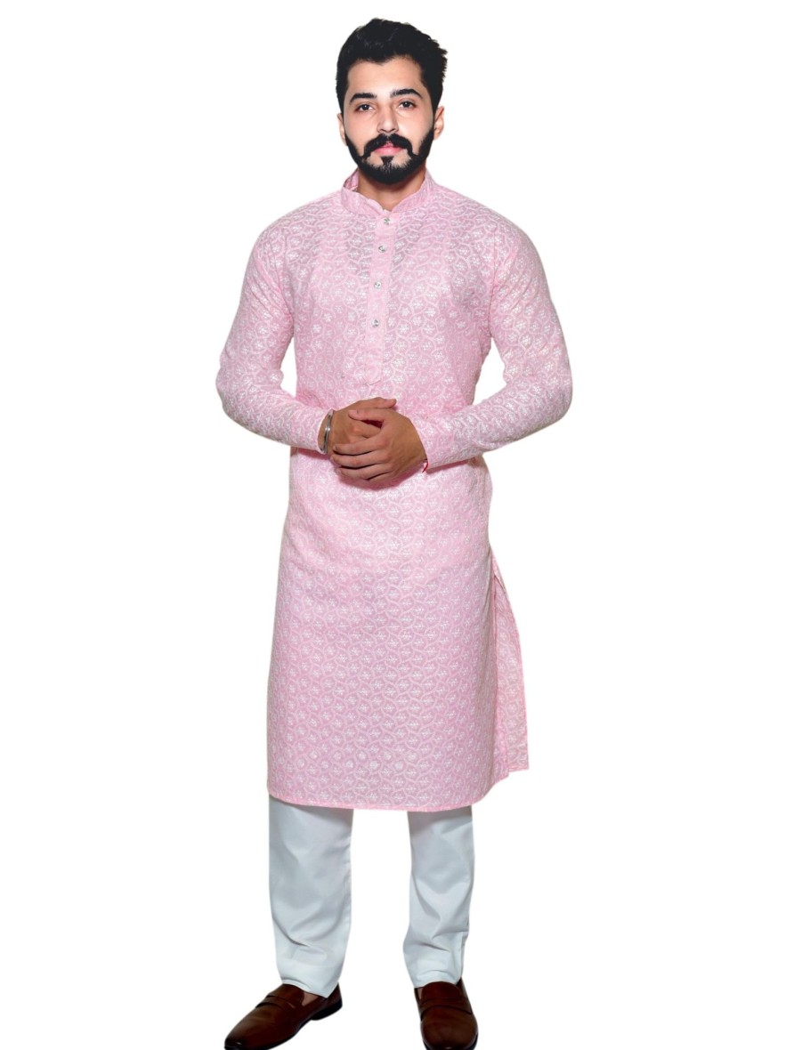 Men IndiFeels | Pink Chikankari Kurta Pajama