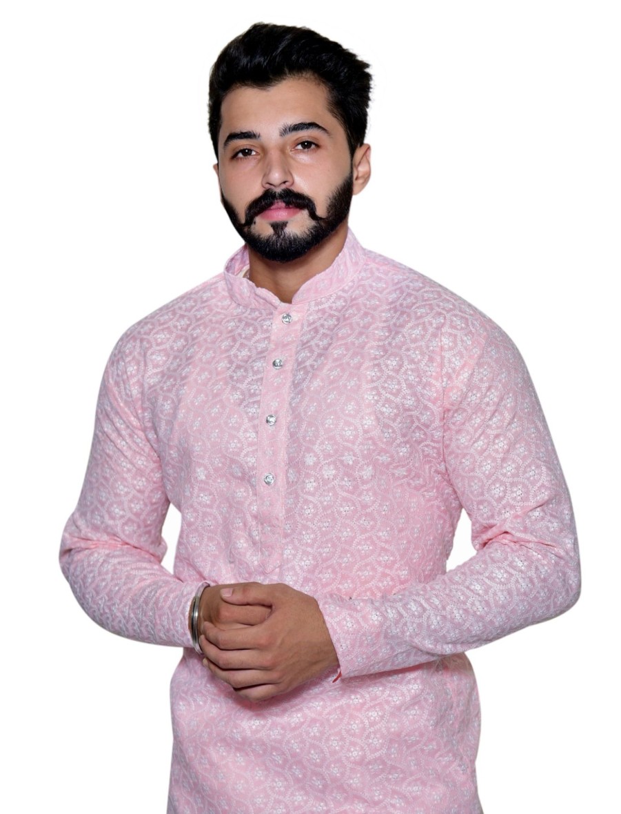 Men IndiFeels | Pink Chikankari Kurta Pajama