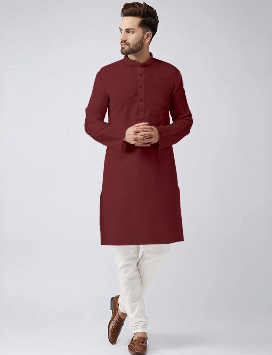 Men IndiFeels | Mens Plain Cotton Kurta Pyjama - Maroon