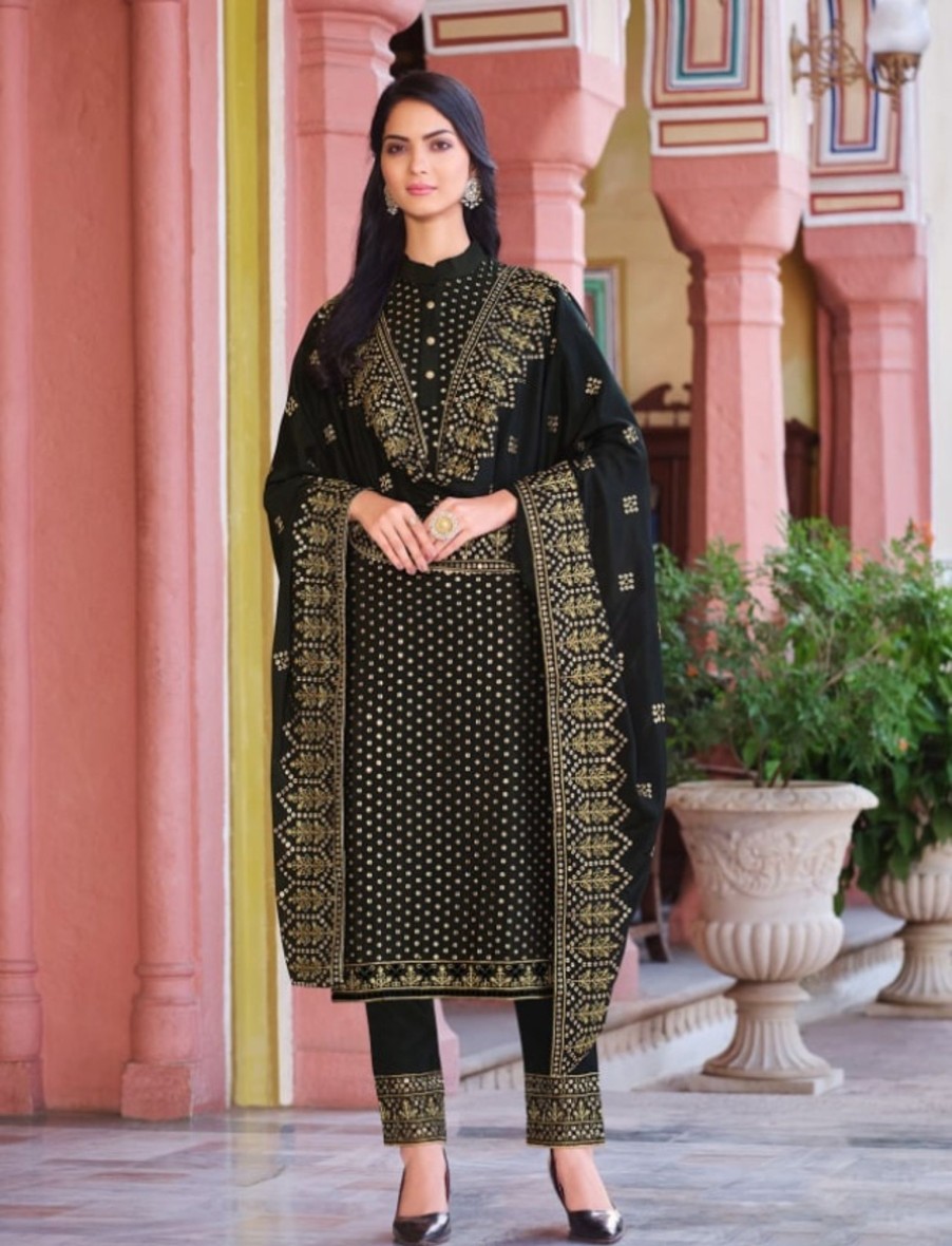 Women IndiFeels Suits | Embroidery Suit - Black Color