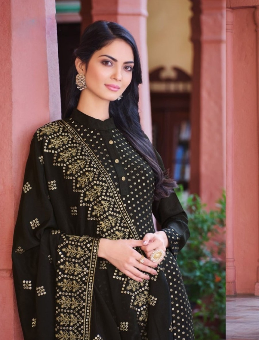 Women IndiFeels Suits | Embroidery Suit - Black Color