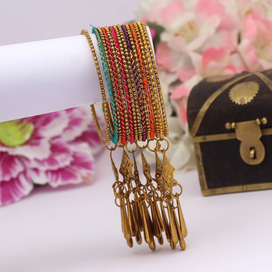 Women IndiFeels Bangles | Multi Colour Bangles With Dangling Jewellery