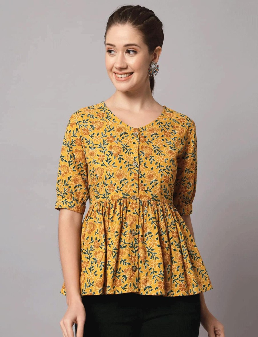 Women IndiFeels Short Top Kurti | Cotton Yellow Flared Short Kurti Top