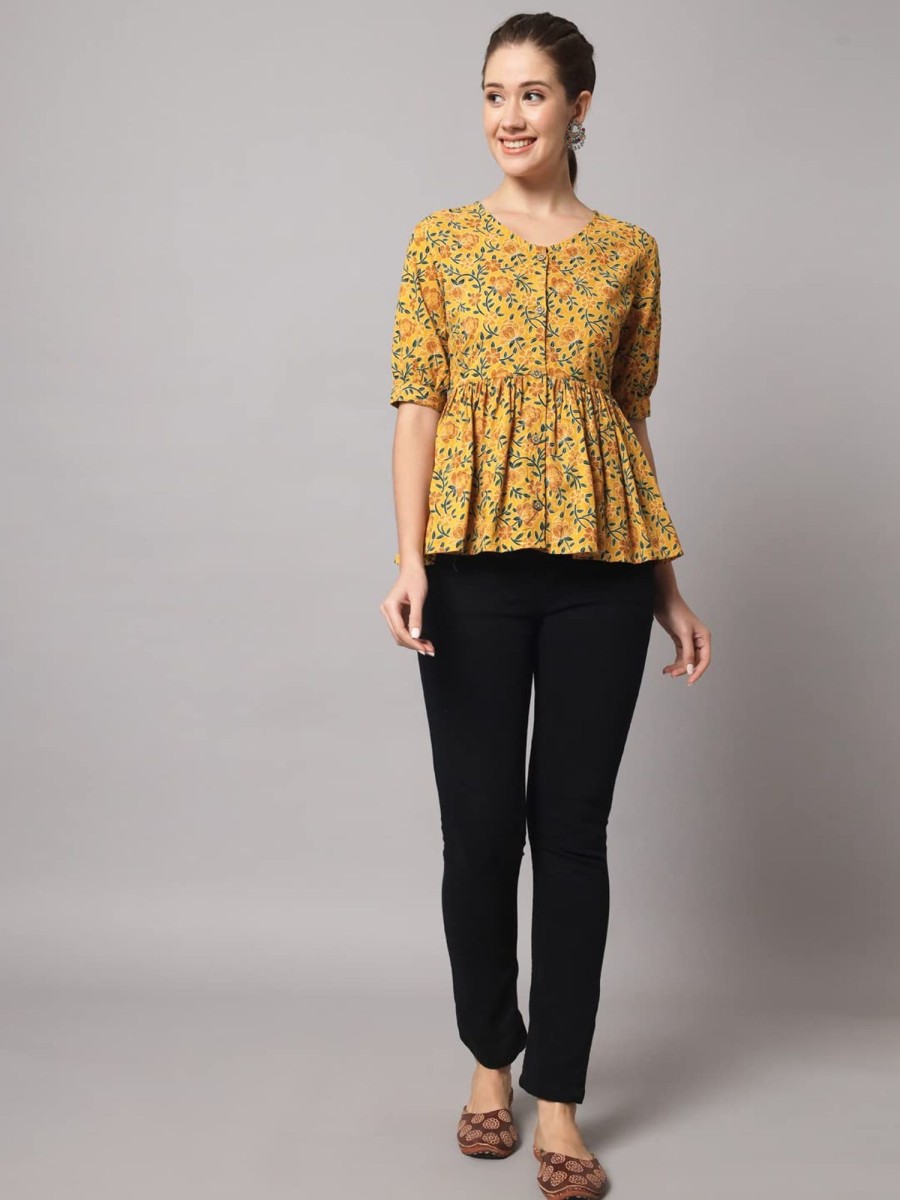 Women IndiFeels Short Top Kurti | Cotton Yellow Flared Short Kurti Top