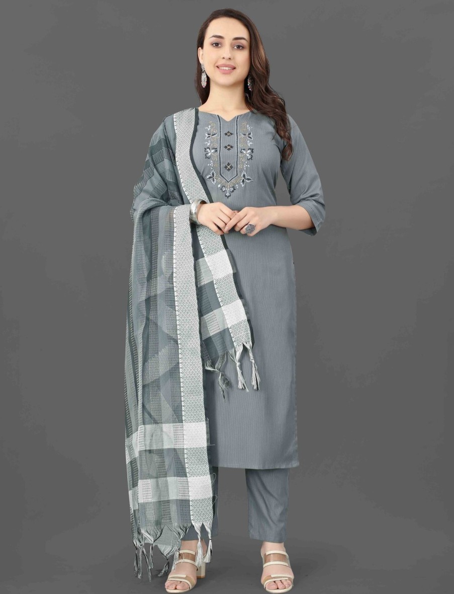 Women IndiFeels Kurti & Pants | Women'S Cotton Grey Salwar Suit With Dupatta