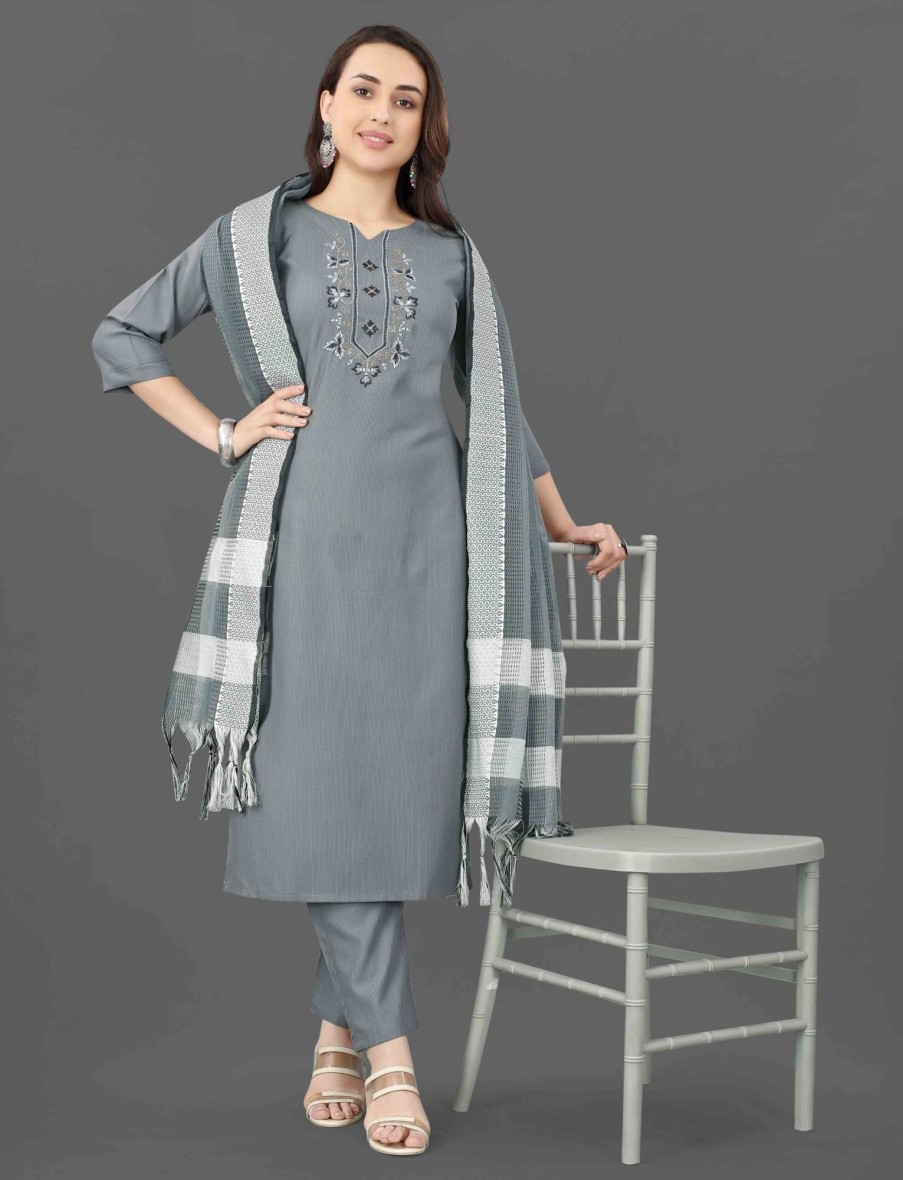 Women IndiFeels Kurti & Pants | Women'S Cotton Grey Salwar Suit With Dupatta