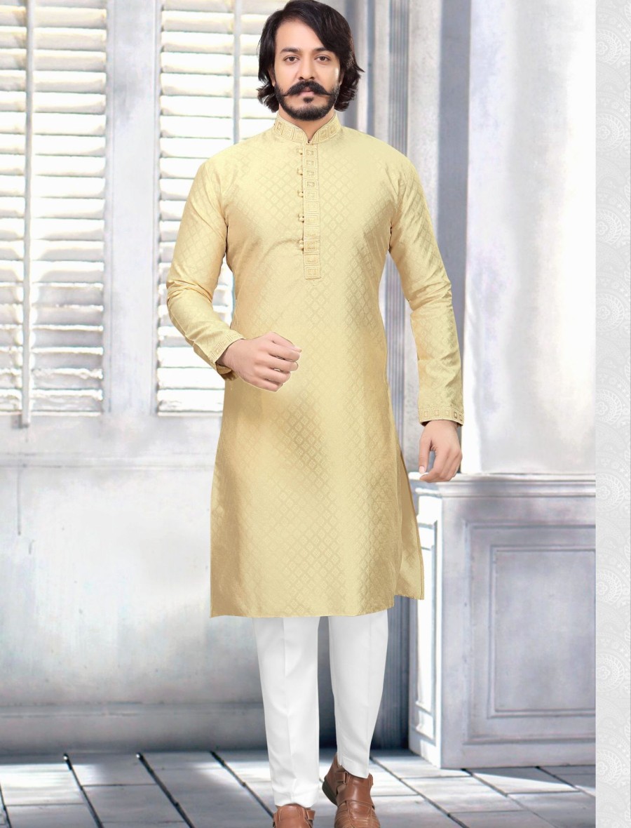 Men IndiFeels | Silk Kurta Pajama - Golden Yellow