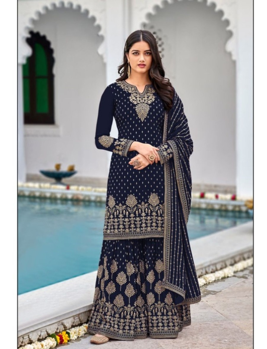 Women IndiFeels Suits | Blue Georgette Indian Sharara Suit