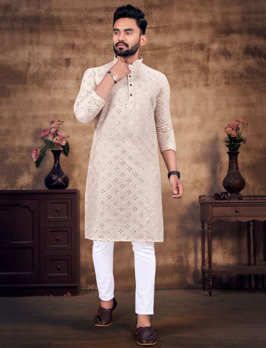 Men IndiFeels | Mirror Work Design Kurta With Pajama Beige