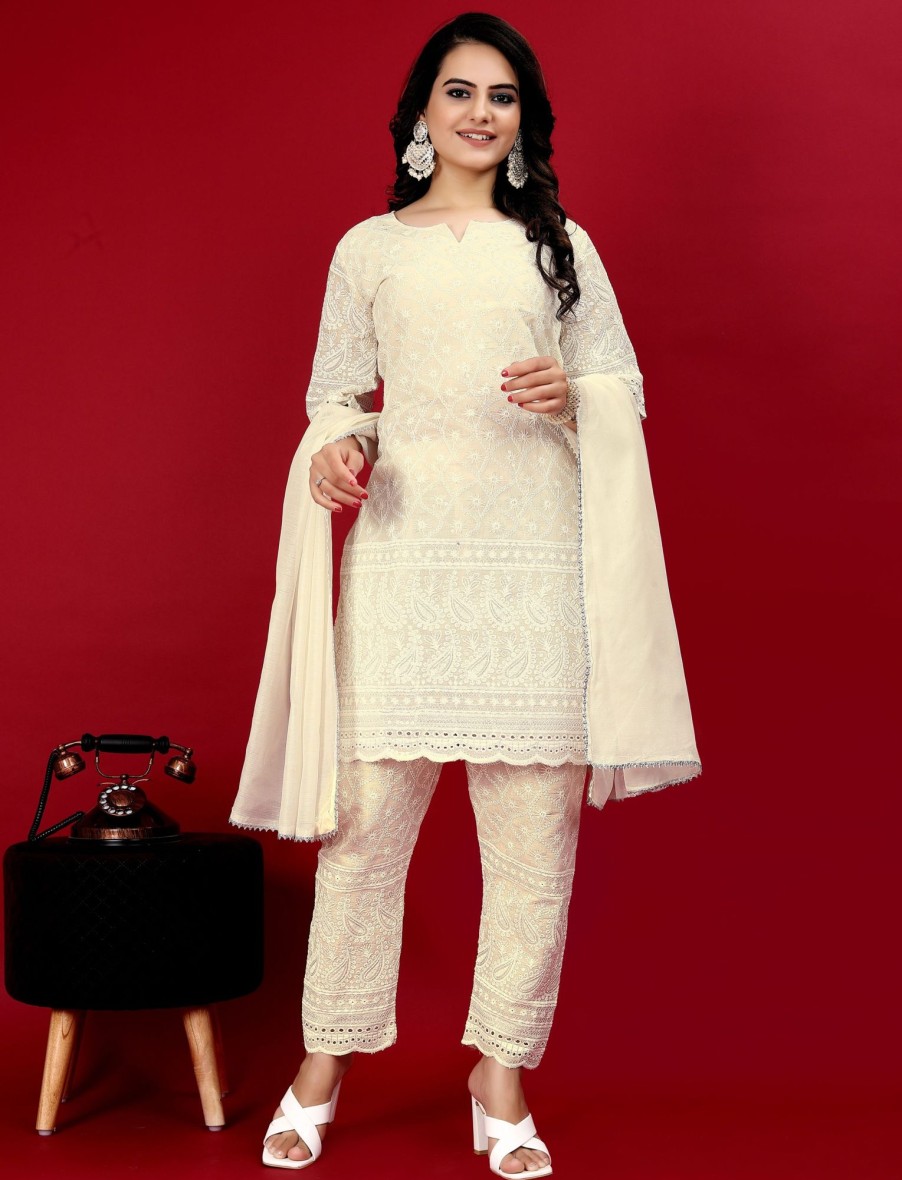 Women IndiFeels Kurti & Pants | Chikankari Off White Kurti And Pant Set With Dupatta