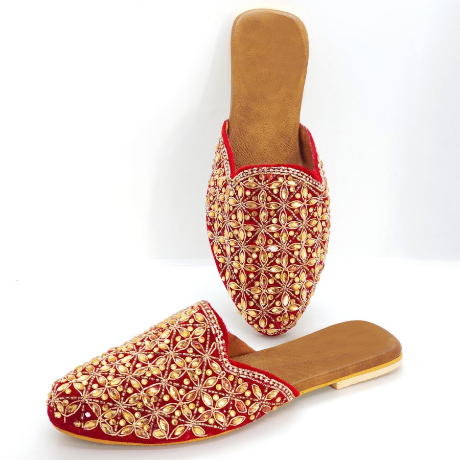 Women IndiFeels | Red Kundan Embroidery Mules