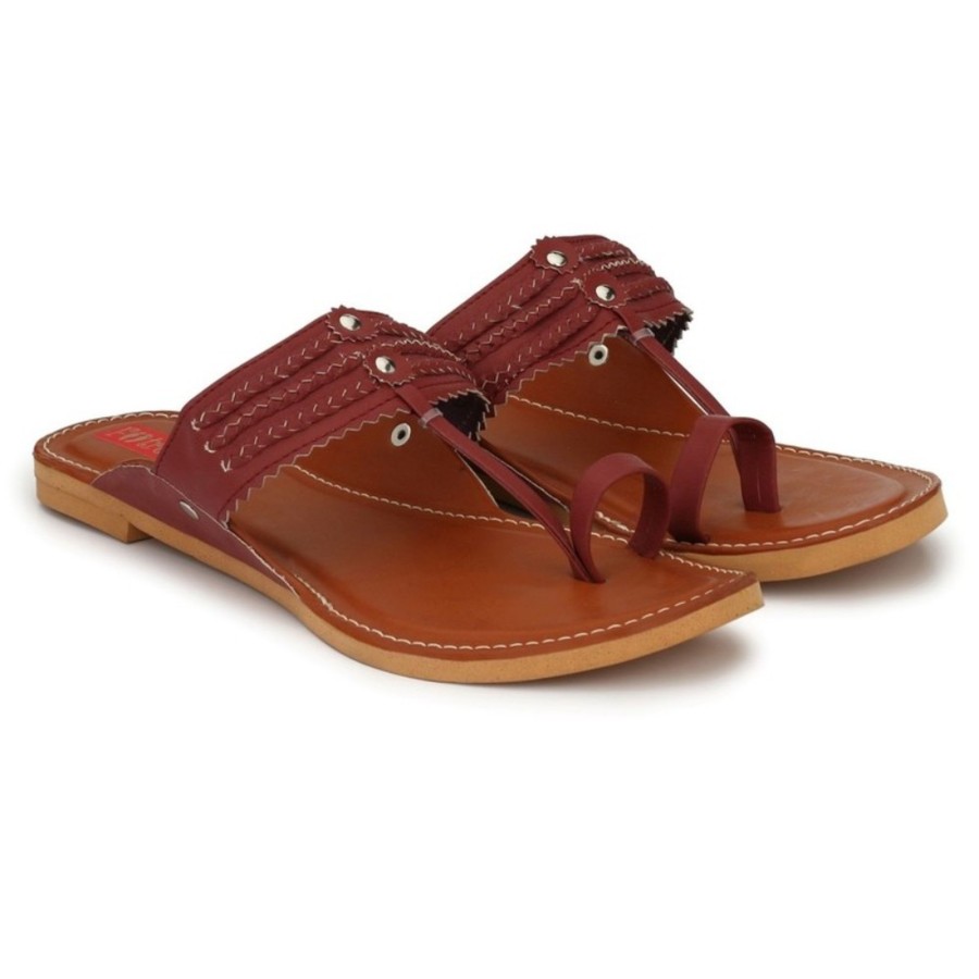 Women IndiFeels | Women Kohlapuri Tan Flat Sandal