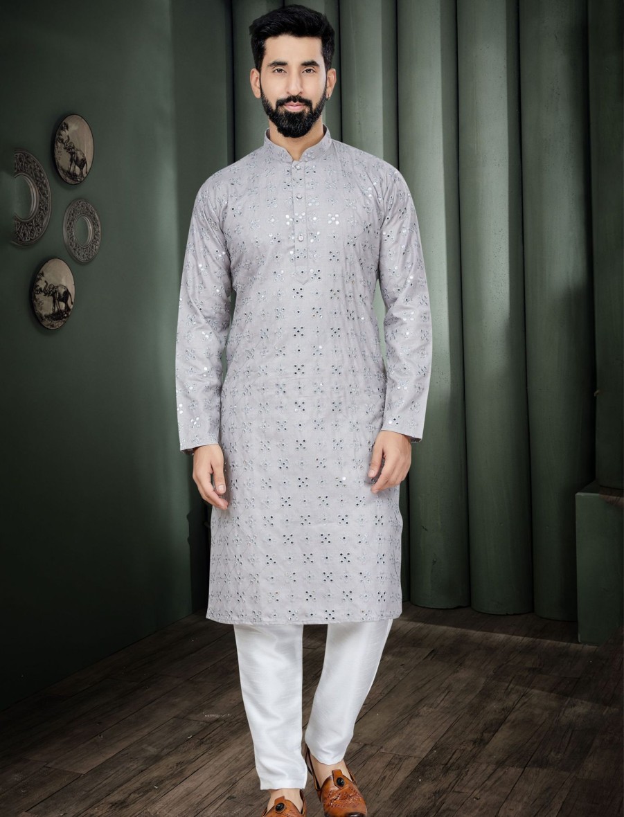 Men IndiFeels | Grey Mirror Kurta Pajama For Men