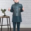 Kids IndiFeels | Teal Kurta Pajama With Printed Jacket