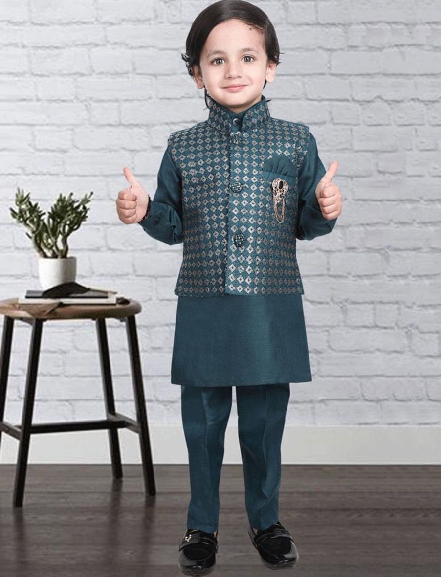 Kids IndiFeels | Teal Kurta Pajama With Printed Jacket