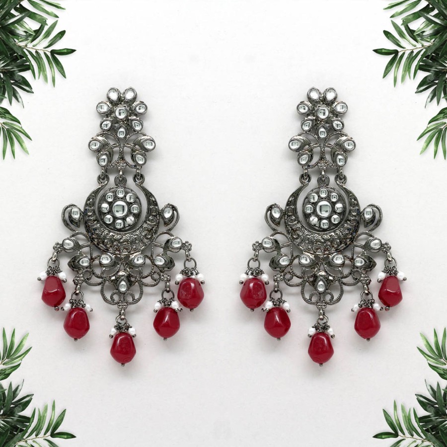 Women IndiFeels Earrings | Maroon Color Kundan Earrings