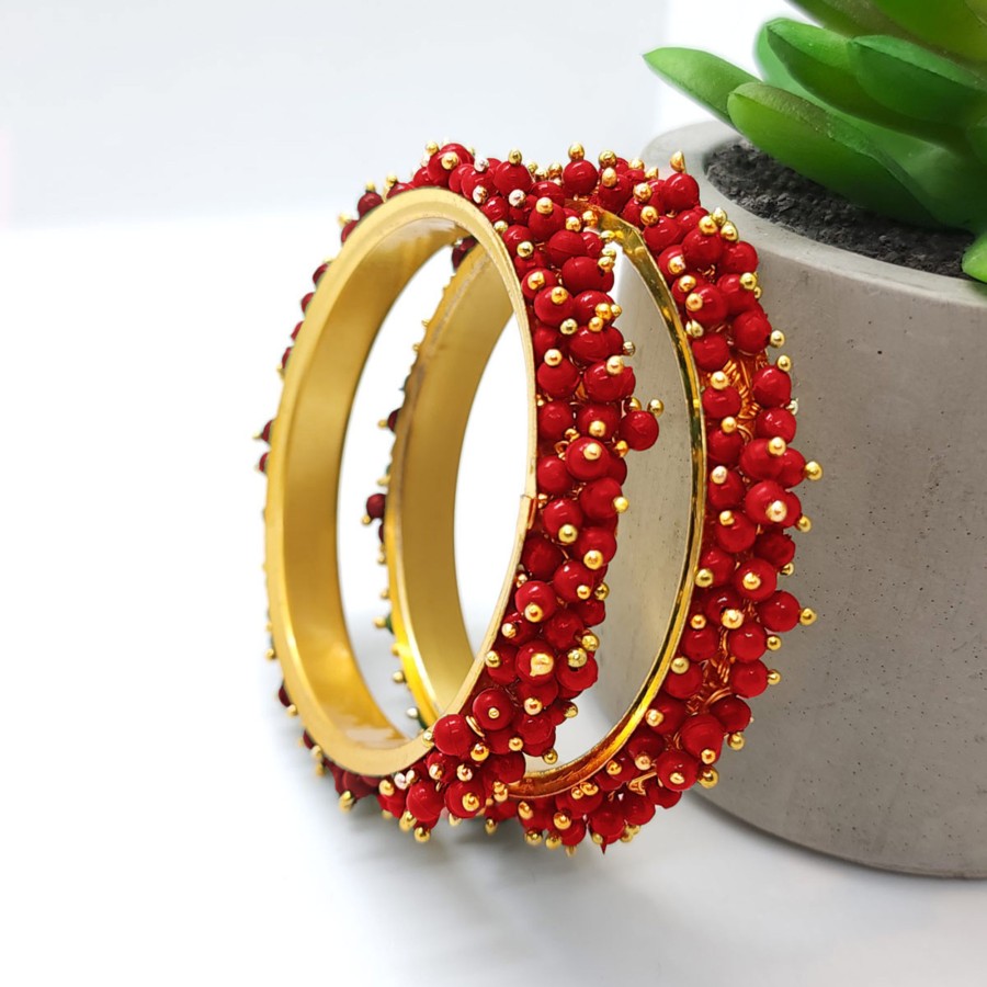 Women IndiFeels Bangles | Red Metal Pearl Gold-Plated Bangle Set (Pack Of 2)