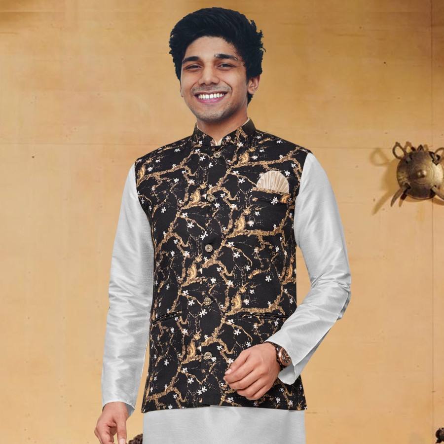 Men IndiFeels | Black Printed Nehru Jacket