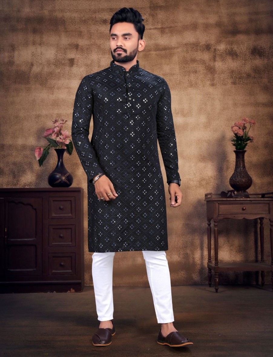 Men IndiFeels | Mirror Work Black Kurta Pajama For Men