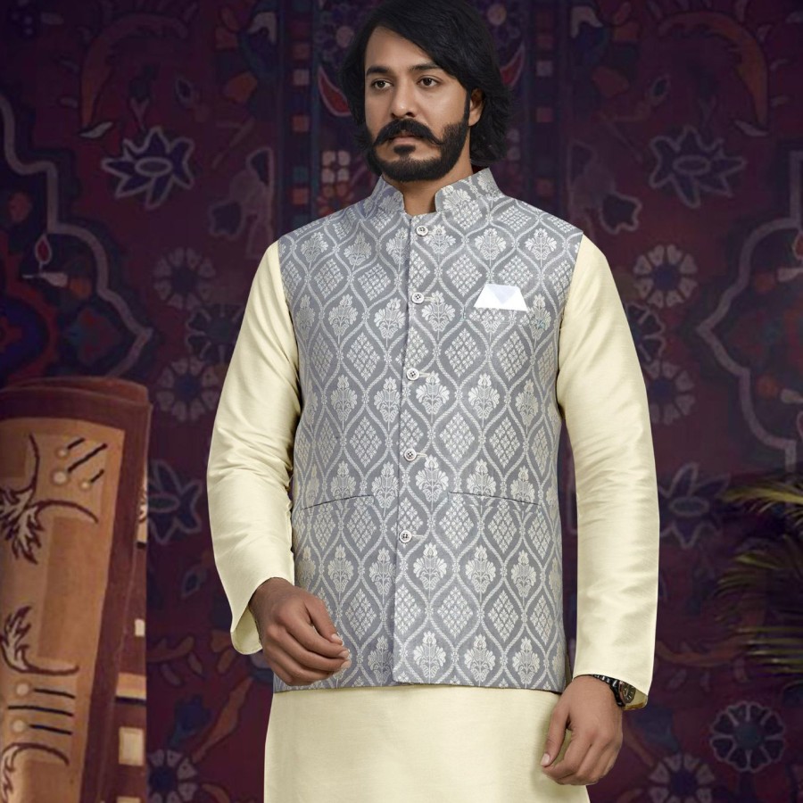 Men IndiFeels | Pattern Grey Nehru Jacket