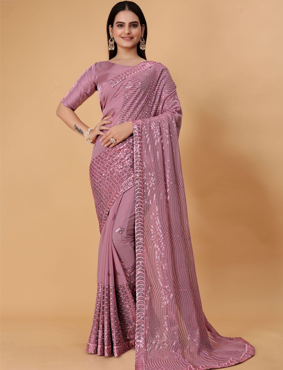 Women IndiFeels Sarees | Pink Sequins Saree