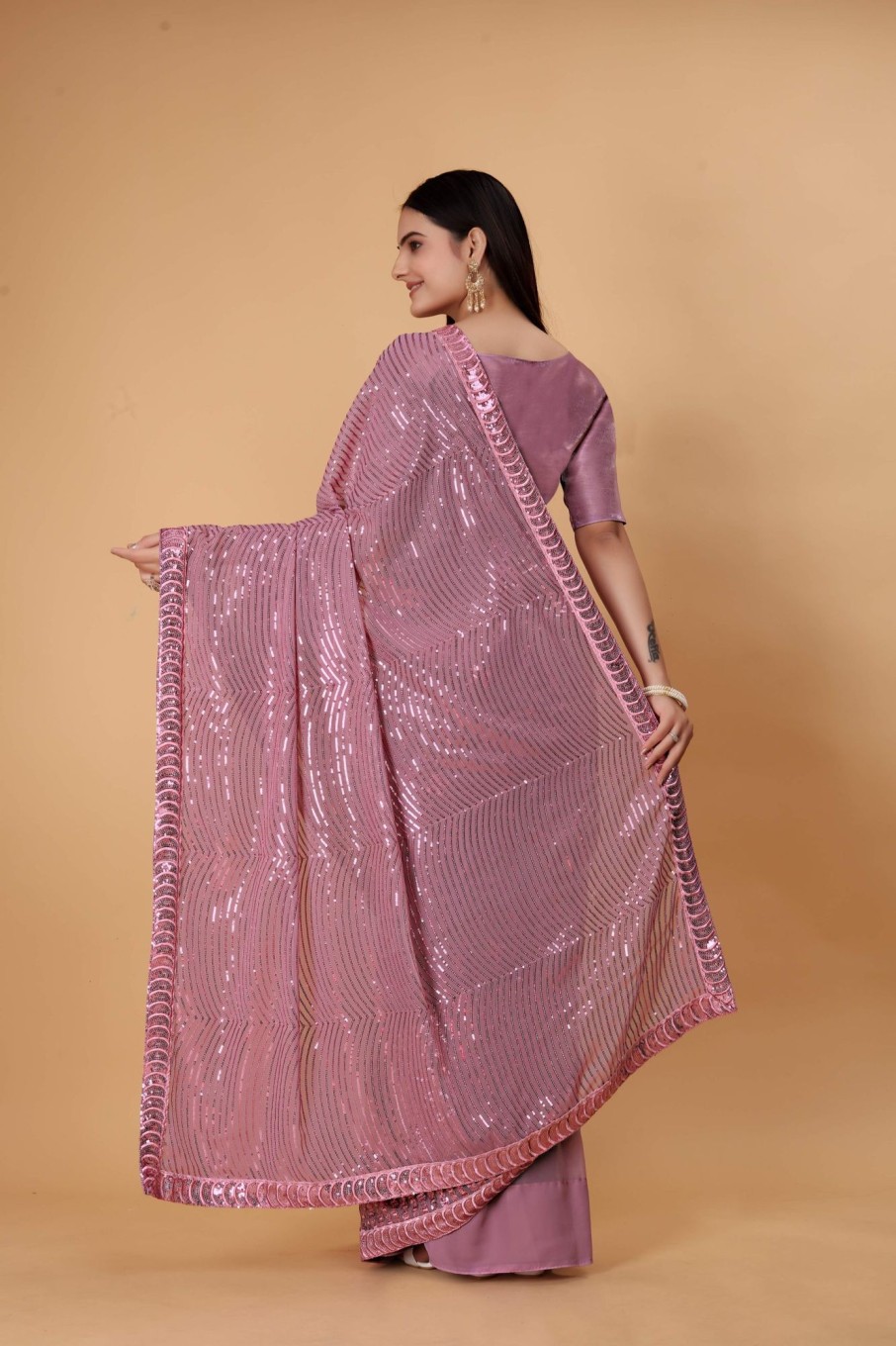 Women IndiFeels Sarees | Pink Sequins Saree