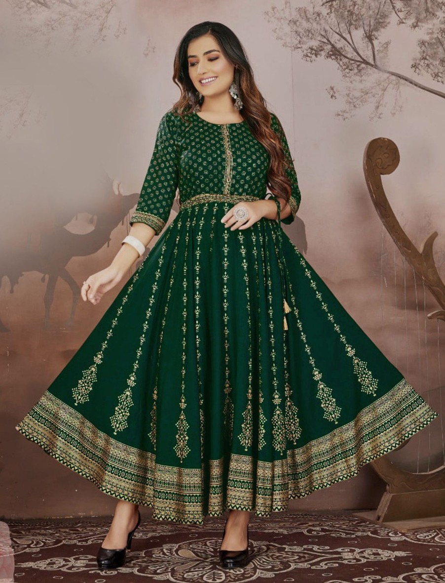 Women IndiFeels Anarkali | Green Cotton Anarkali Long Kurti