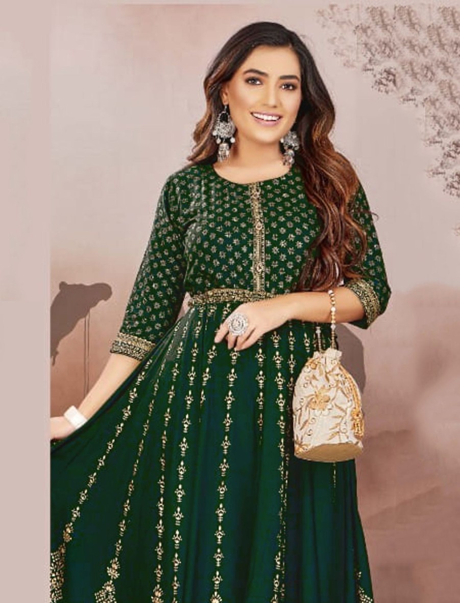 Women IndiFeels Anarkali | Green Cotton Anarkali Long Kurti