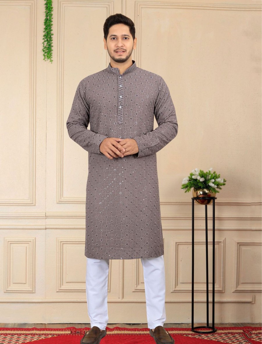 Men IndiFeels | Grey Chikankari Kurta For Men