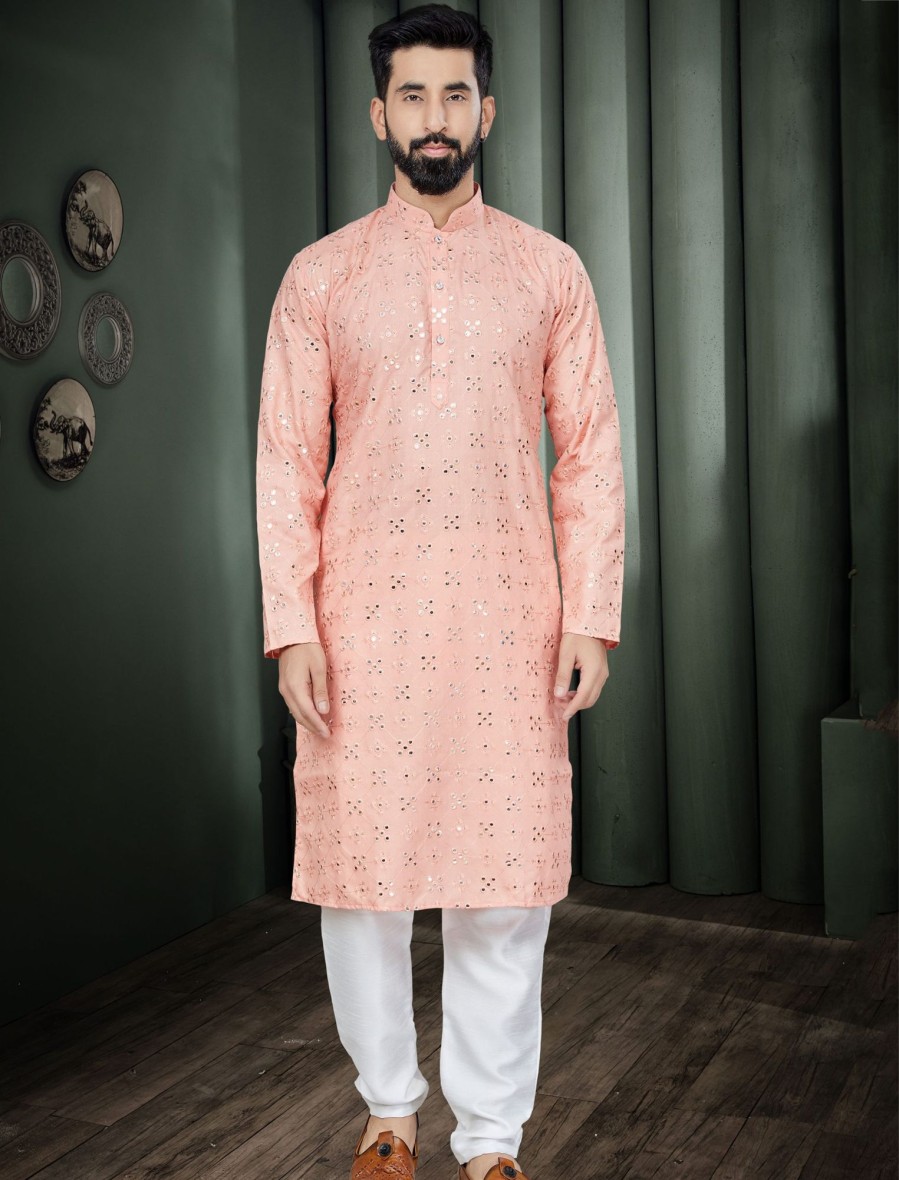 Men IndiFeels | Peach Mirror Kurta Pajama For Men