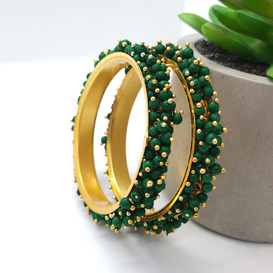 Women IndiFeels Bangles | Green Pearl Gold-Plated Bangle Set (Pack Of 2)