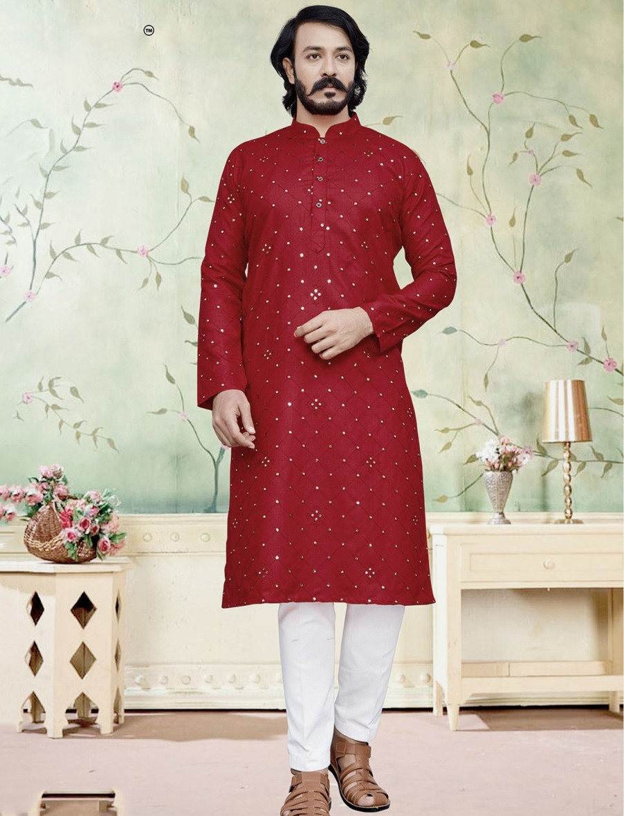 Men IndiFeels | Red Mirror Kurta Pyjama