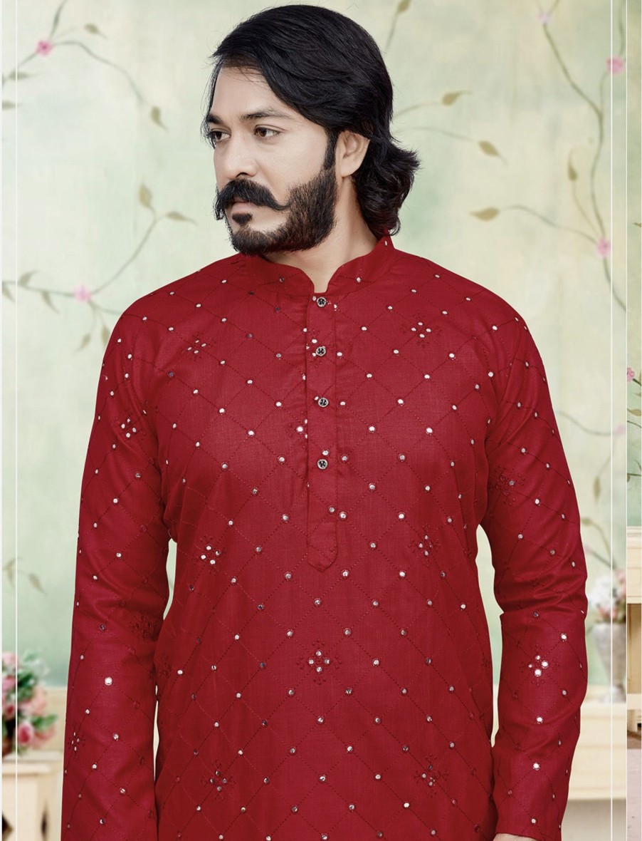 Men IndiFeels | Red Mirror Kurta Pyjama