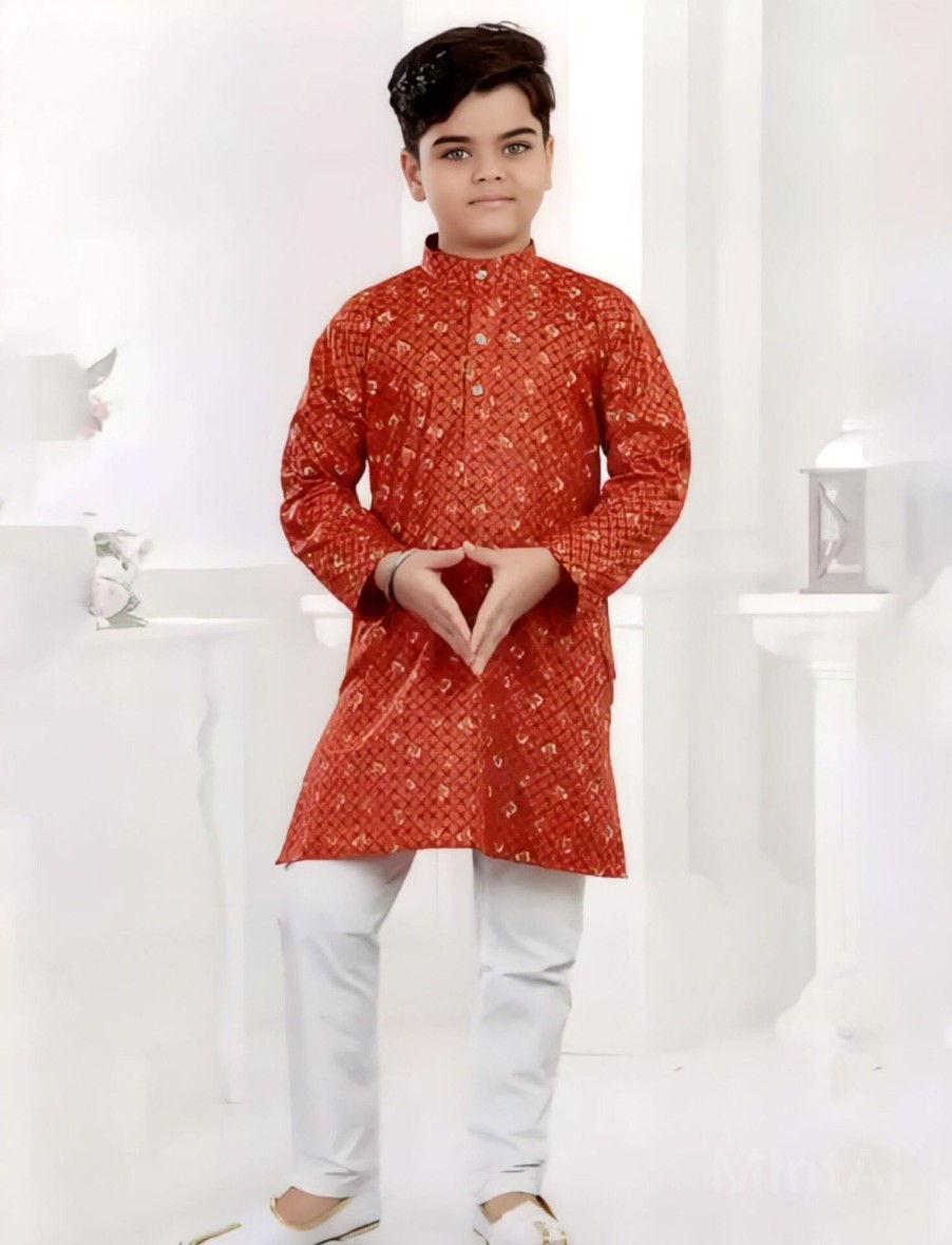 Kids IndiFeels | Red Printed Kids Kurta Pajama