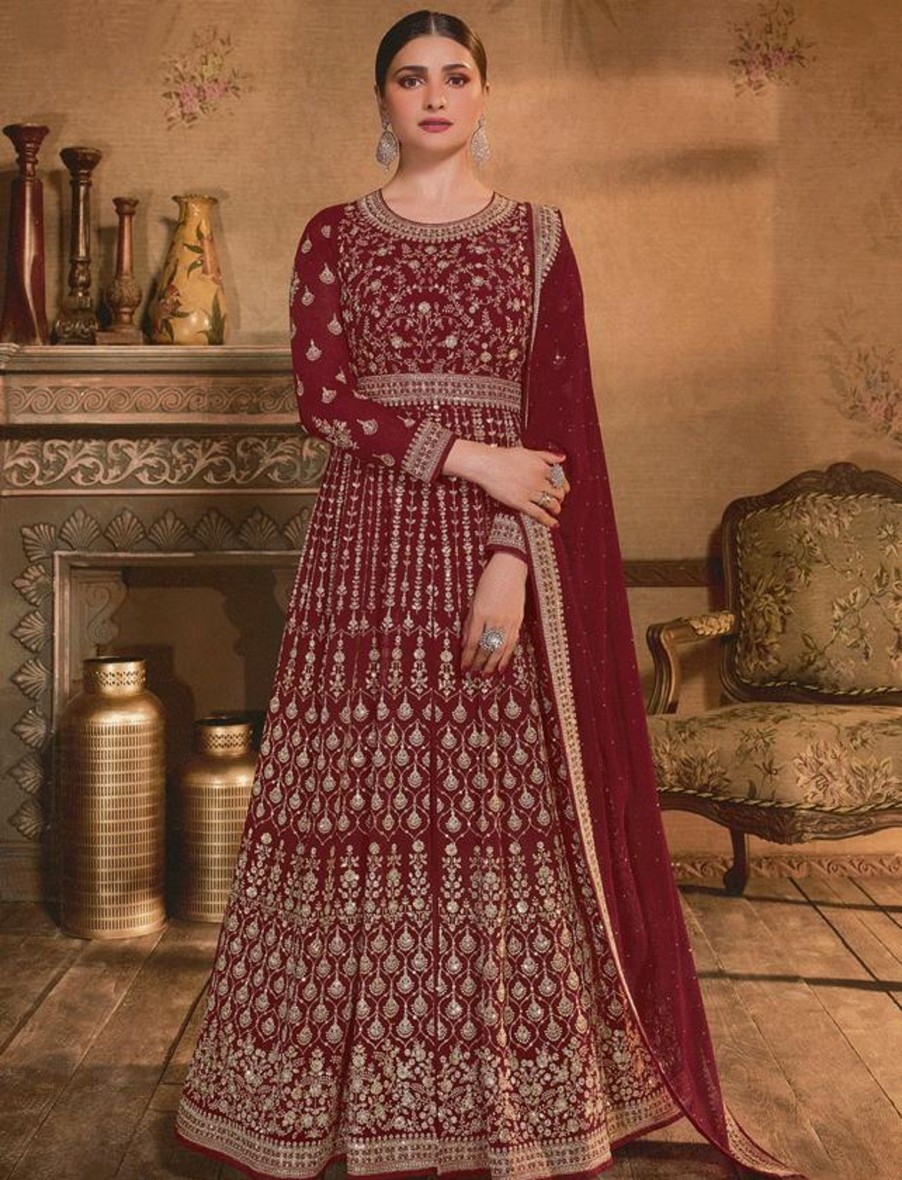 Women IndiFeels Anarkali | Maroon Long Gown With Alluring Soft Dupatta