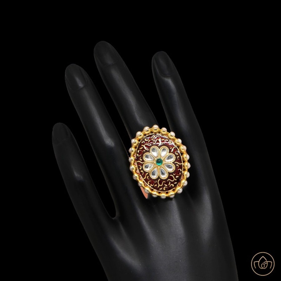 Women IndiFeels Rings | Oval Meenakari Ring Maroon - Medium