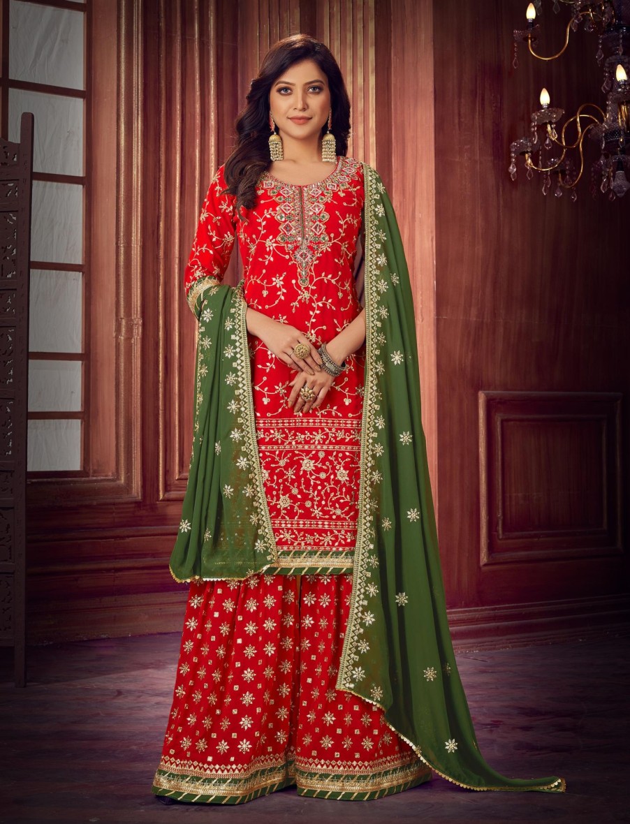 Women IndiFeels Suits | Green And Red Embroidered Gharara Suit