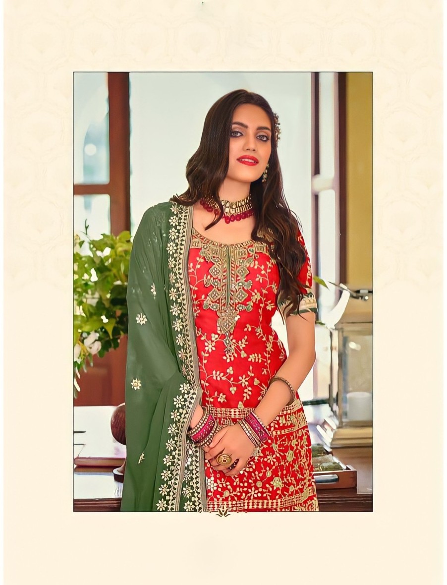 Women IndiFeels Suits | Green And Red Embroidered Gharara Suit