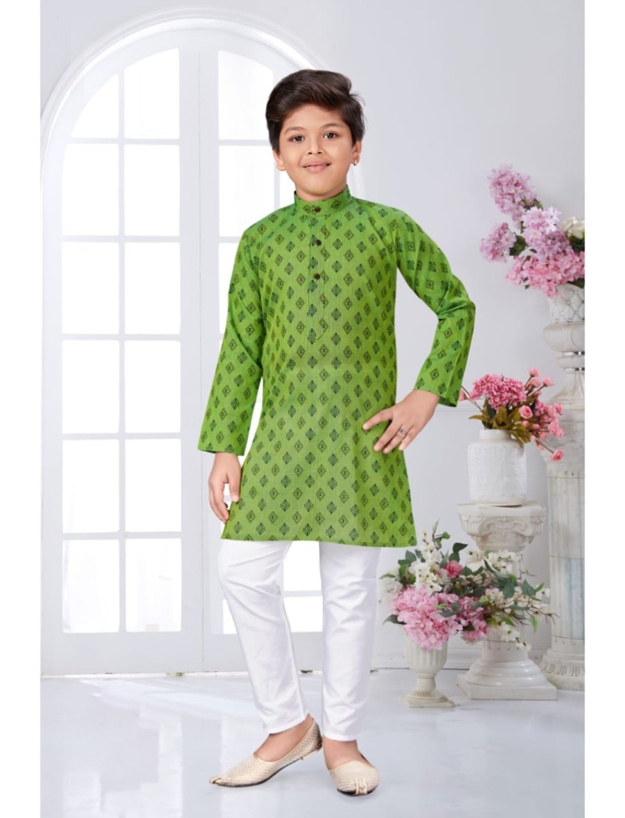 Kids IndiFeels | Printed Kurta Pyjama Green Color