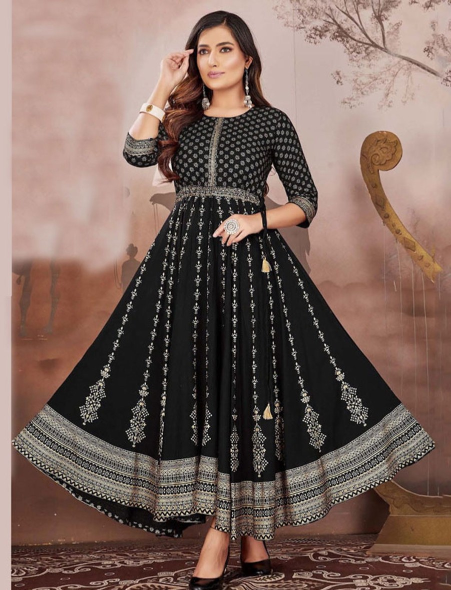 Women IndiFeels Anarkali | Black Anarkali Printed Kurti Woman