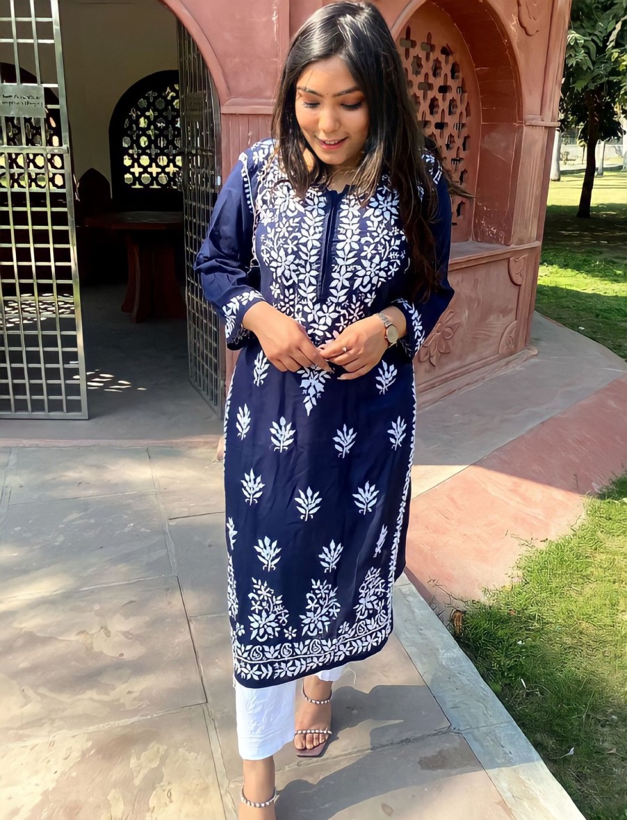 Women IndiFeels Kurti & Pants | Embroidery Kurti Plazo Set - Blue