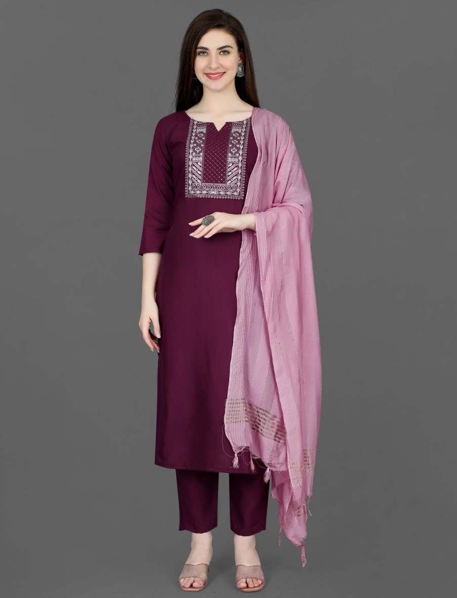 Women IndiFeels Kurti & Pants | Wine Ethnic Cotton Suit For Women With Dupatta