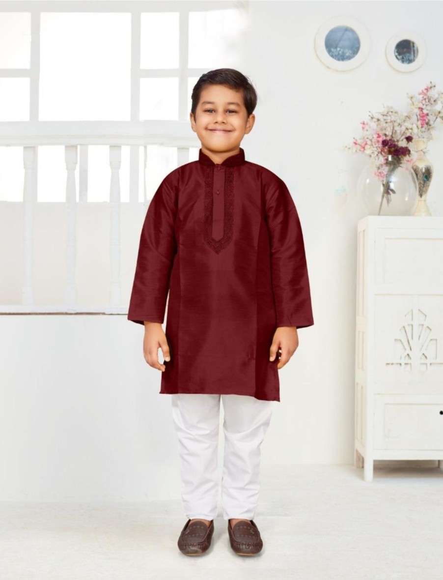 Kids IndiFeels | Kids Plain Kurta Pyjama - Maroon