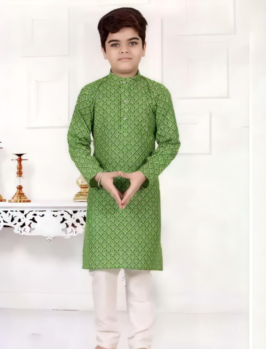 Kids IndiFeels | Green Kids Cotton Printed Kurta Pajama