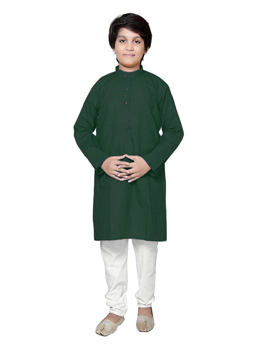 Kids IndiFeels | Plain Cotton Kurta Pyjama - Green