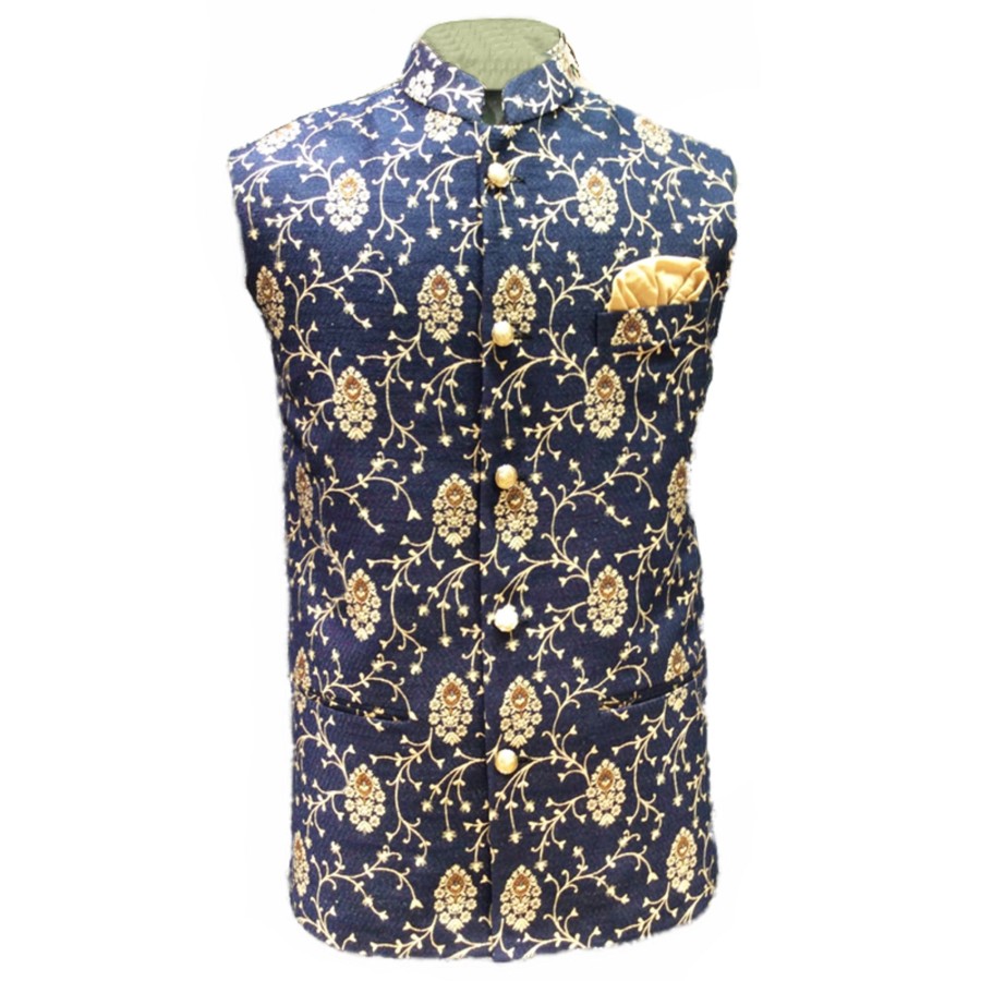 Men IndiFeels | Floral Nehru Jacket - Navy Blue