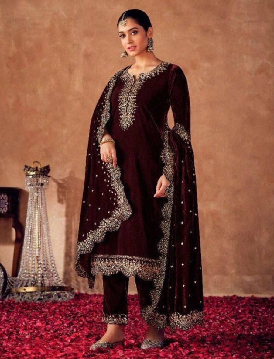 Women IndiFeels Suits | Maroon Velvet Indian Suit With Golden Embroidery