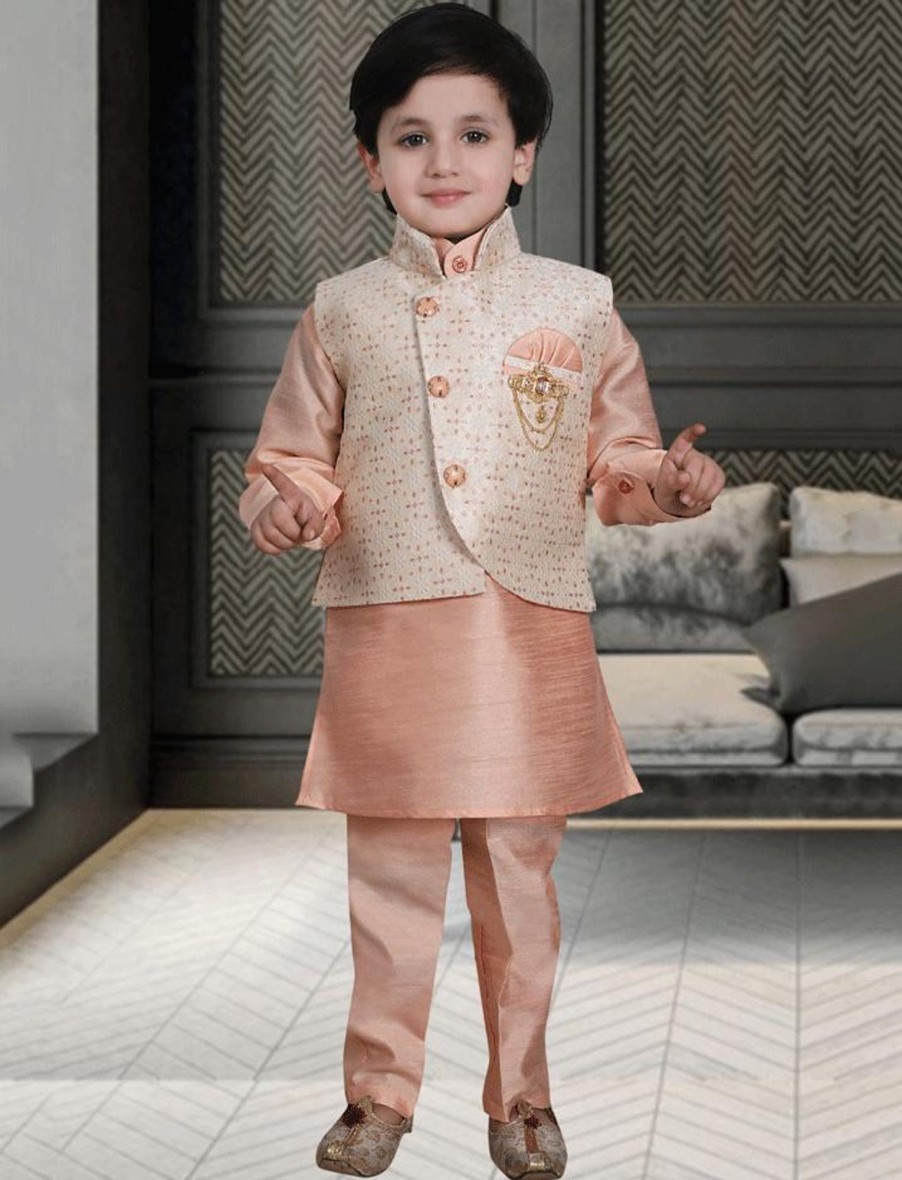 Kids IndiFeels | Peach Kurta Pajama With Printed Jacket