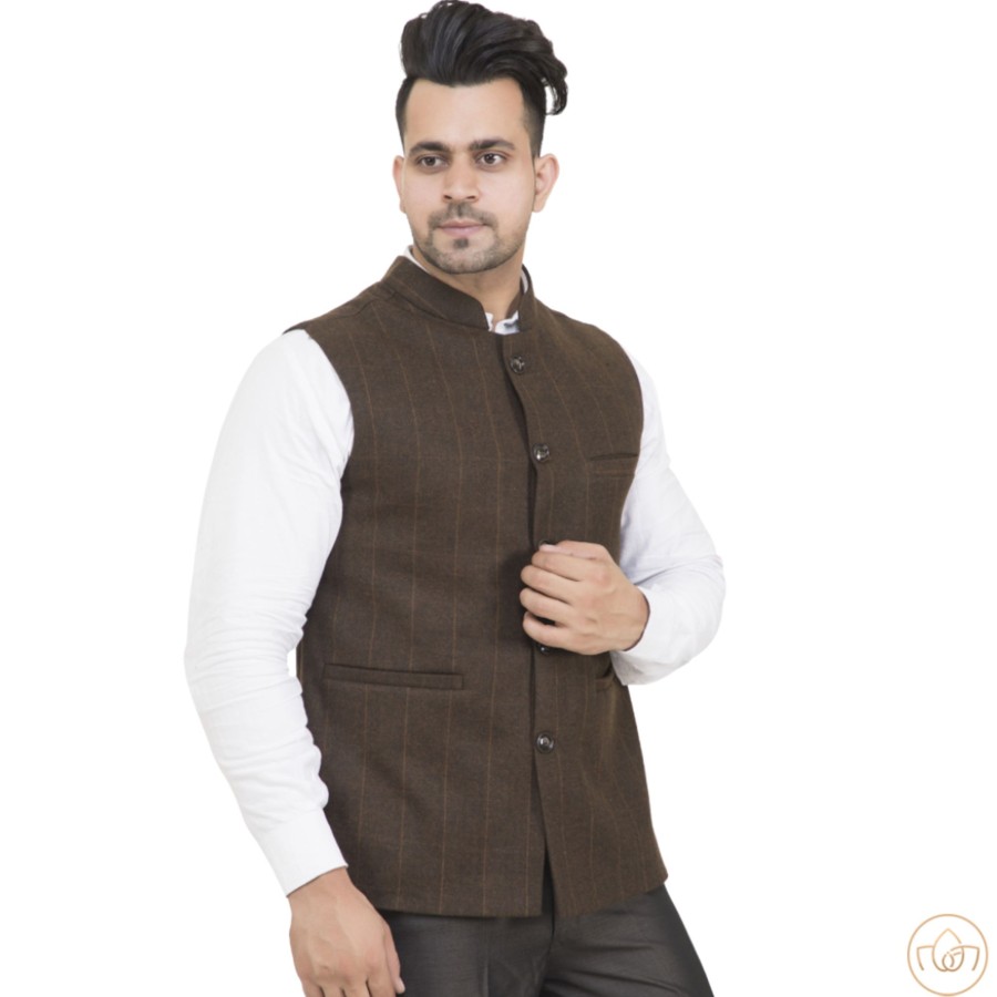 Men IndiFeels | Check Nehru Jacket - Brown - Semi Woolen