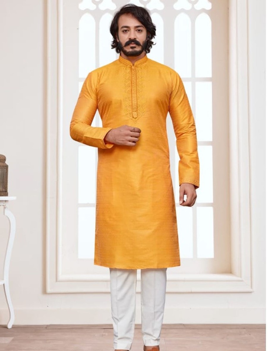 Men IndiFeels | Silk Yellow Kurta Pajama For Men